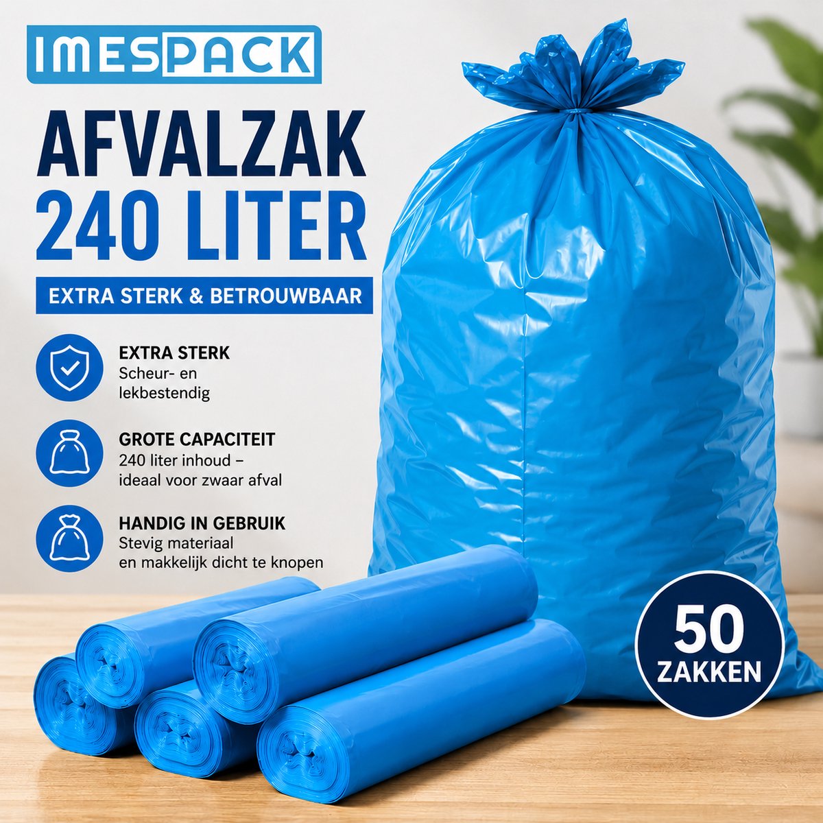 Afvalzakken 240 Liter – Extra Sterke Vuilniszakken – Blauw – 50 Stuks - IMES PACK