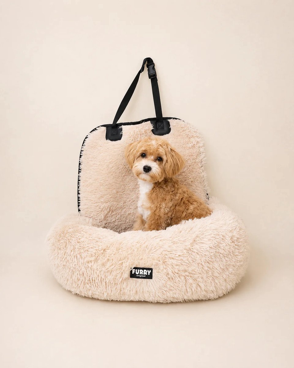 Furry Original® Honden Autostoel - Fluffy Hondenmand voor in de Auto - Automand Hond Groot - Achterbank Hondenstoel - Memory Foam Hondenbed - Beige