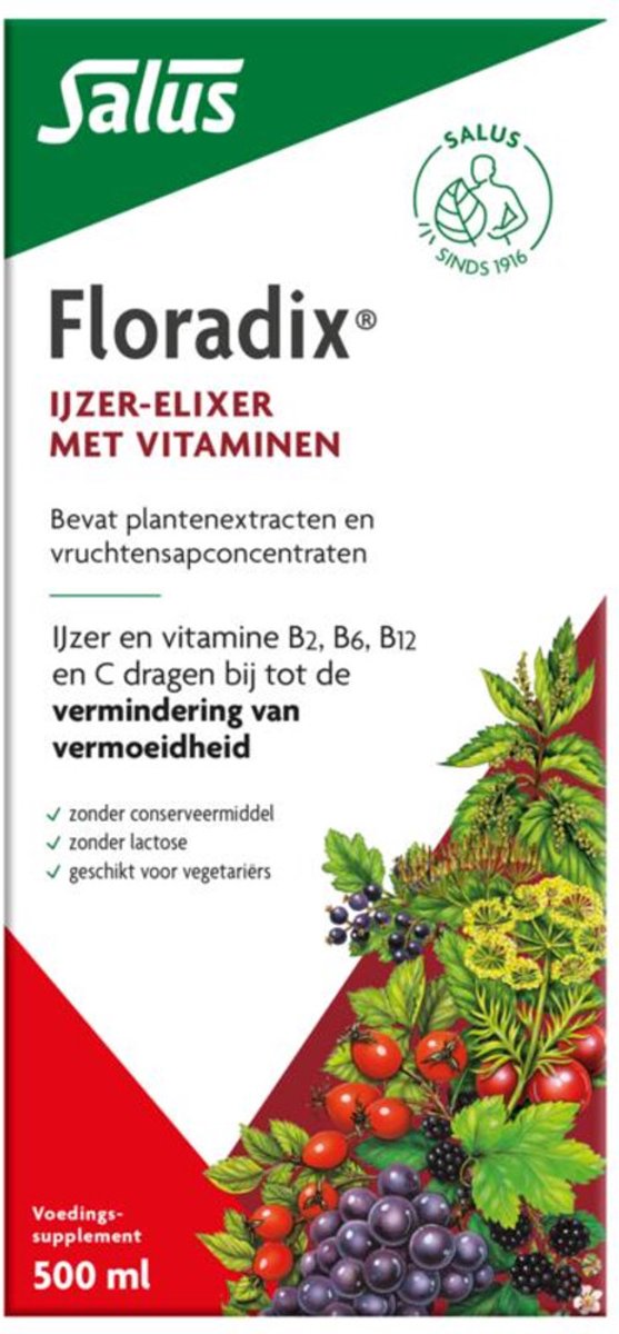 Salus Floradix IJzer-elixir – Bij vermoeidheid – Voedingssupplement met ijzer en vitamine B12 – 500 ml