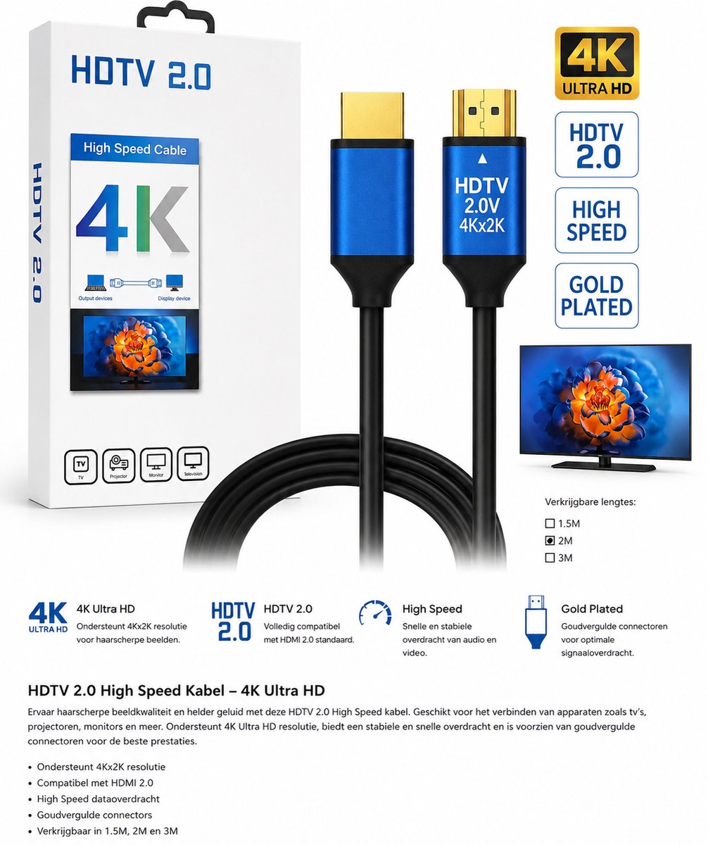 HDMI 2.0 Kabel 5 Meter – 4K Ultra HD – High Speed – Geschikt voor TV, Monitor, Beamer en Gameconsole
