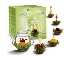 Creano theebloemenmix - cadeauset bloementhee met glazen theepot, groene thee fruitig gearomatiseerd (theerozen in 6 soorten), blooming tea, theecadeau voor vrouwen, moeder, theeliefhebbers