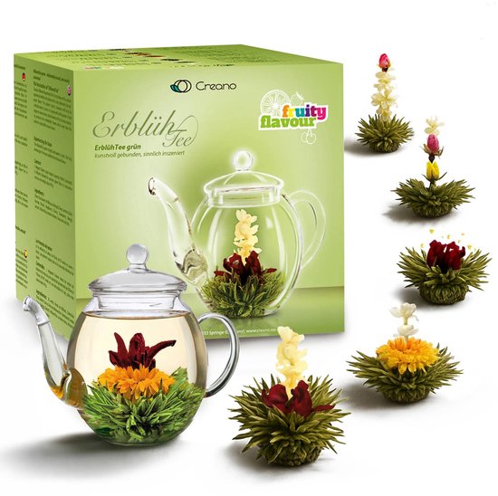 Creano theebloemenmix - cadeauset bloementhee met glazen theepot, groene thee fruitig gearomatiseerd (theerozen in 6 soorten), blooming tea, theecadeau voor vrouwen, moeder, theeliefhebbers