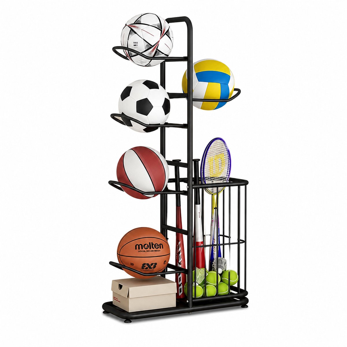 CreateEcom speelgoed opbergkast - Basketbal opbergrek - ballen opberger - multifunctionele opberg - 4 laags - met opbergmand - metaal - zwart