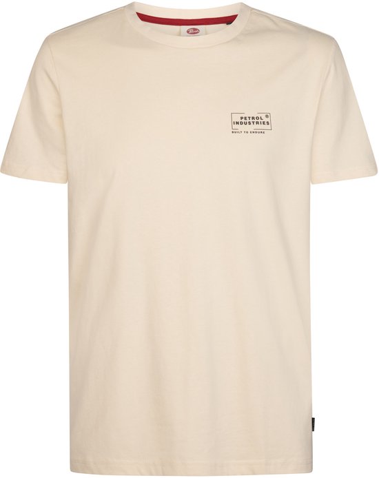 Crème T-shirt met korte mouwen en een zwart logo 'Petrol Industries Built to Endure' op de borst.