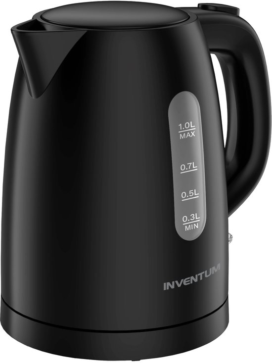 Zwarte Inventum waterkoker met een transparante waterniveau-indicator van 0.3L (min) tot 1.0L (max).
