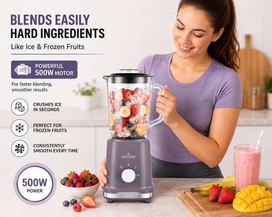 Swiss Haus® BL1815 Blender - 500W - 1.5L Glazen kan - Smoothie maker & Grinder - 2 Snelheden + Pulse - RVS Messen - Vaatwasbestendig - BPA Vrij - Paars van Merkloos — afbeelding 2