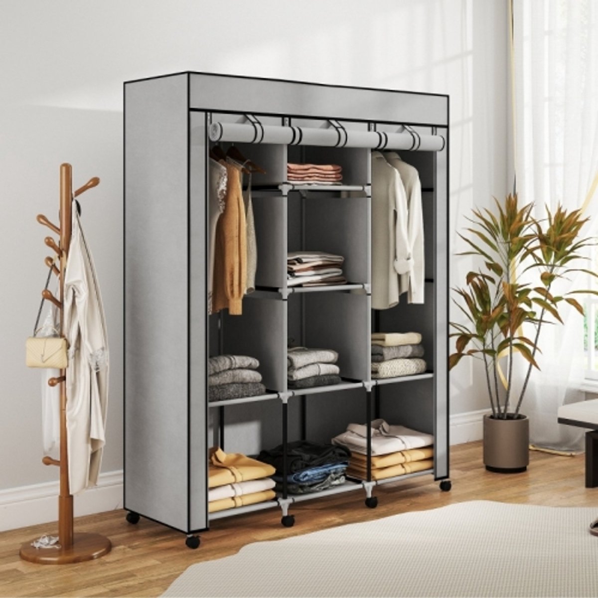 Zubaliya Stoff-Kledingkast-Met-2-Kledingroedes-8-Planken-125x43x162.5cm-Lichtgrijs-Ruimtebesparende-Faltschrank-Opbergkast-Slaapkamer-Hal-Organisatiekast