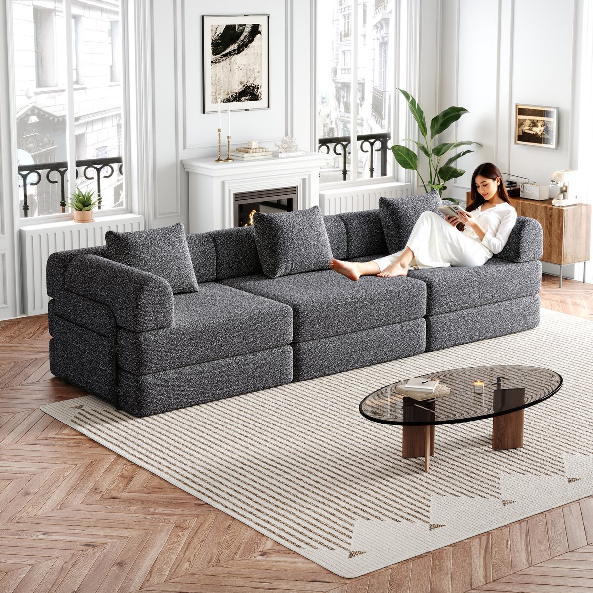DESMIU Slaapbank 274 Cm - 2-In-1 Met Opbergruimte In De Armleuning En Modulaire Opstelling