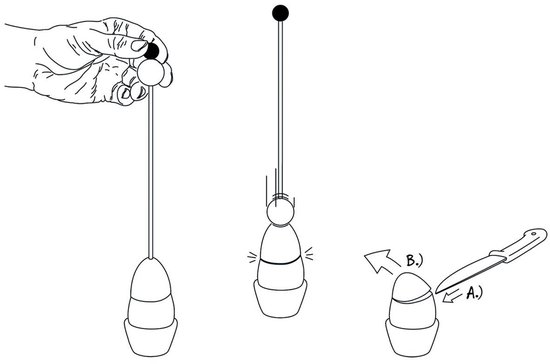 Schematische illustratie van hoe de eieropener werkt: vasthouden, laten vallen en opensnijden.