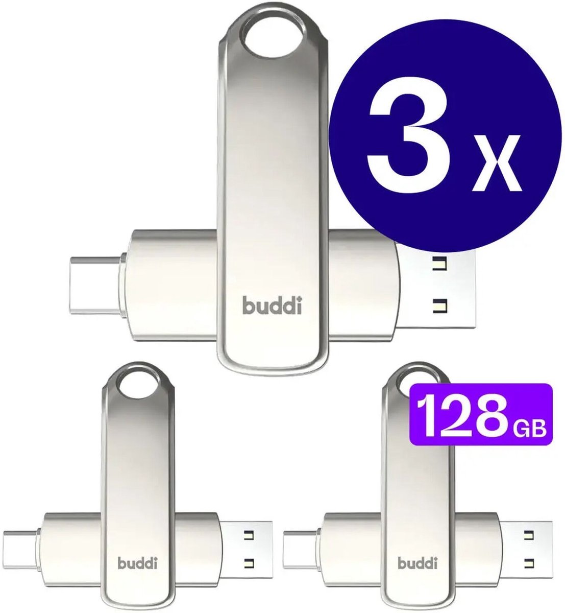 3-Pack Buddi USB-C Stick 128GB | USB C en USB A | Dual Geheugenstick | USB 3.1 | Plug & Play | Universeel | Geschikt voor smartphones, tablets, PC en meer | Extra opslagruimte | Grijs