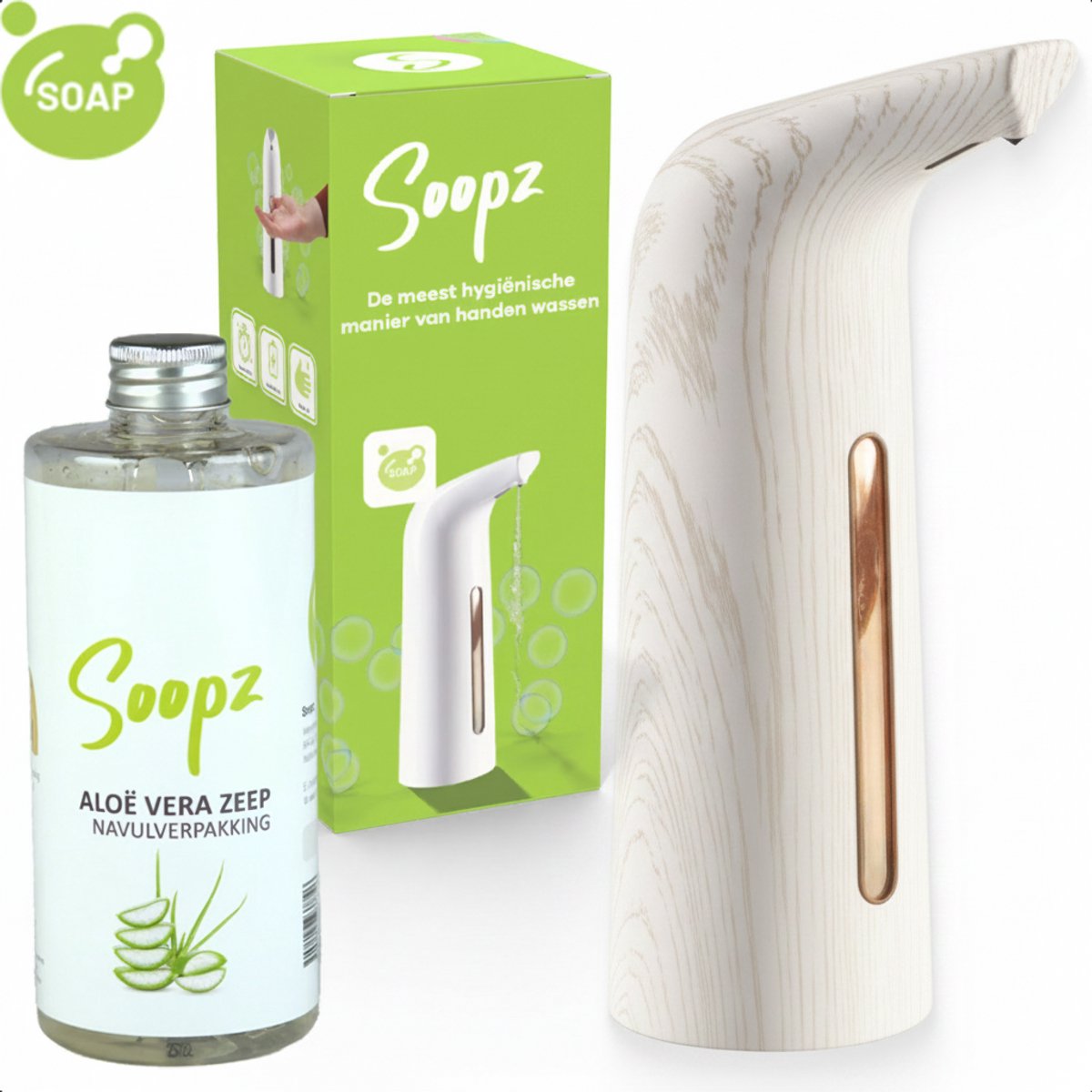 Soopz Automatische Zeepdispenser – Wit – White Wood Elegance – Zeeppompje met Bewegingssensor – Met Aloë Vera Zeep