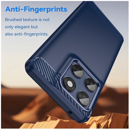 Blauw geborsteld TPU hoesje schuin gedraaid, met de tekst 'Anti-Fingerprints'.