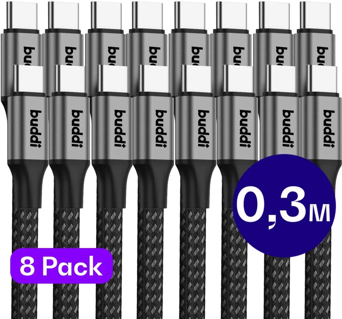 Set van 8 stuks 30cm Buddi Flex USB-C naar USB-C Kabel 60W