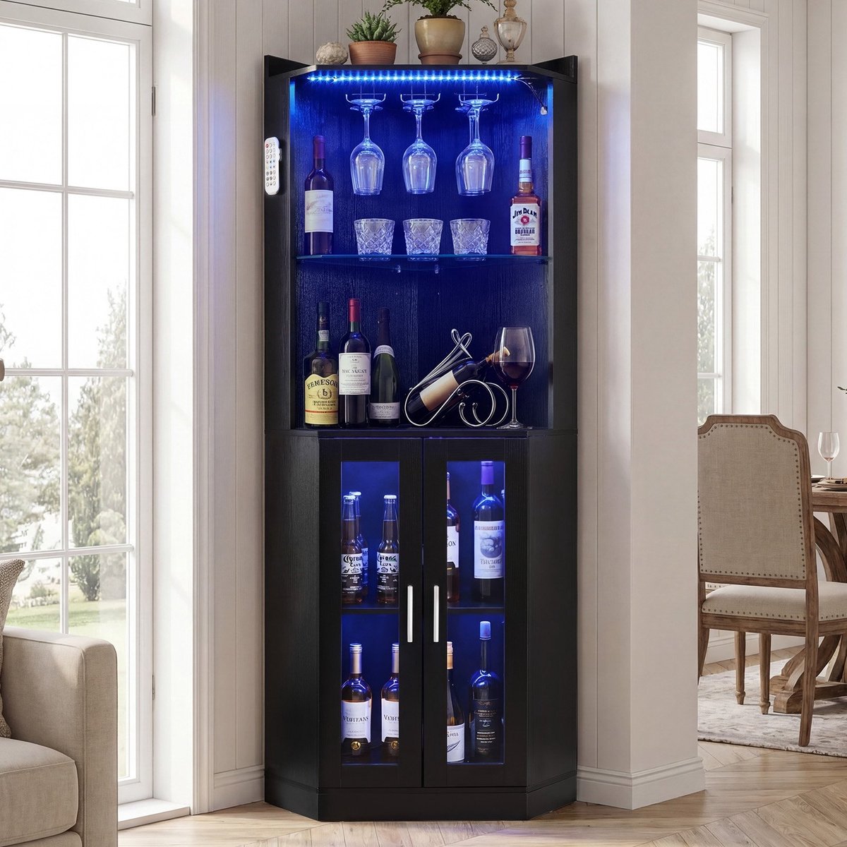 Hoekbarkast - Wijnkast Met Glashouder - Dimbare LED Verlichting - Wijnrek En Opbergruimte - Anti Kantelbeveiliging - 50 x 50 x 170 cm Zwart