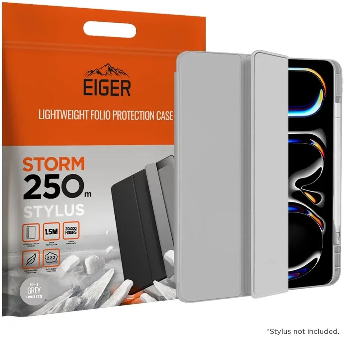 Eiger Storm 250m Stylus Hoes Geschikt voor iPad Pro 13 (2024/2025) - Hoes met Penhouder - Met Slimme Sleep / Wake Functie - Grijs