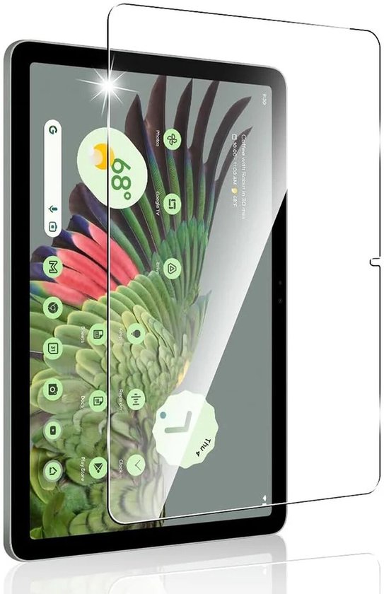 Tablet met gehard glas screenprotector en kleurrijk vogelbehang.