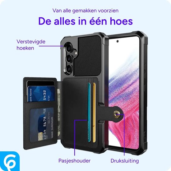 Zwarte portemonnee hoes met pasjeshouder en druksluiting, toont versterkte hoeken.