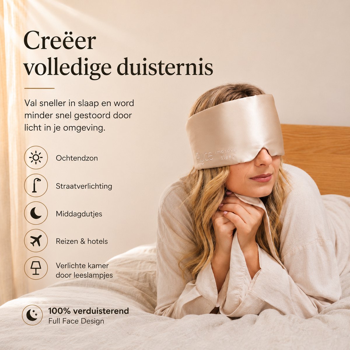 Ryce® Zijden Slaapmasker - Oogmasker - Vrouwen & Mannen - Full Cover - Cadeau - Beige — afbeelding 6