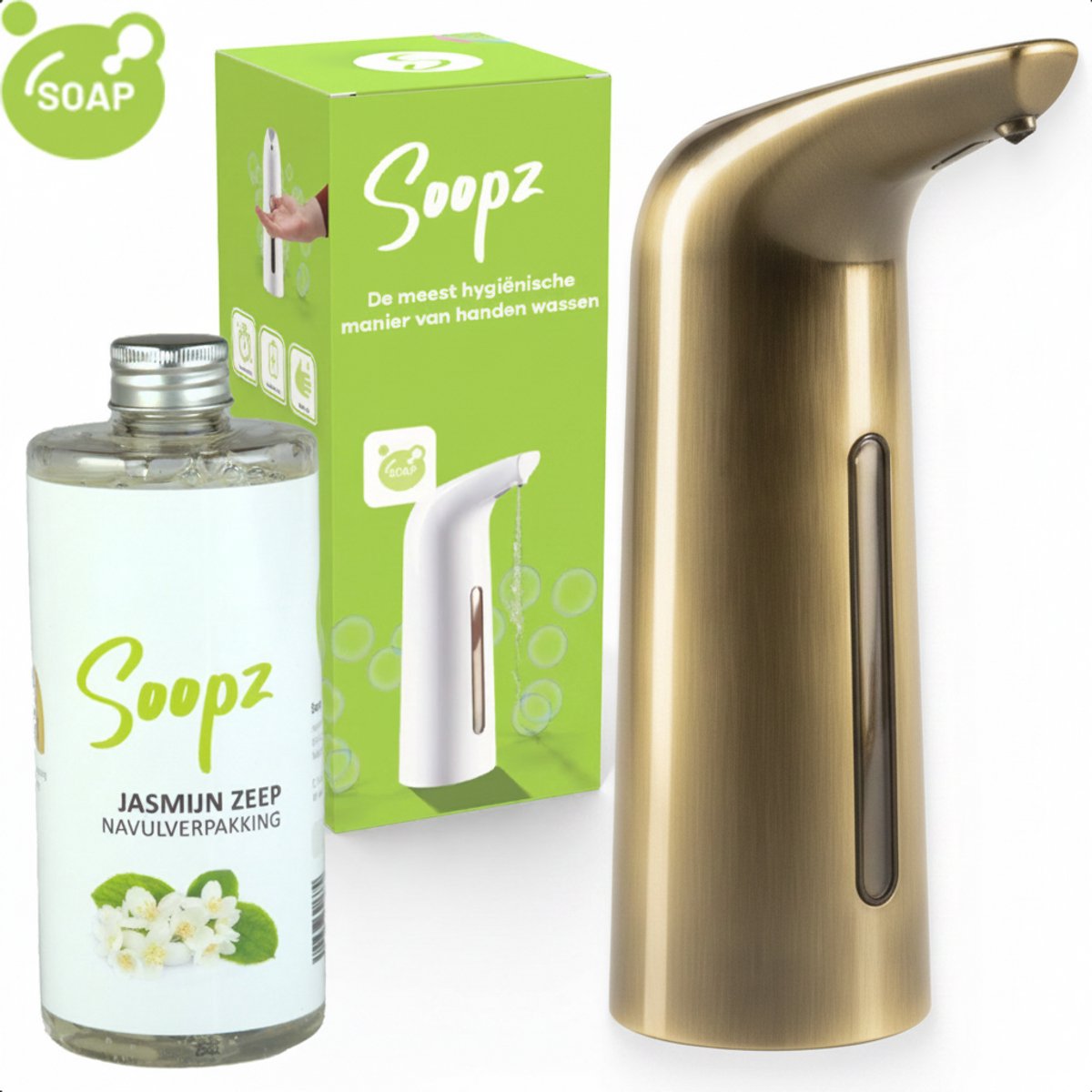 Soopz Automatische Zeepdispenser – Goud – Gold Brushed Elegance – Zeeppompje met Bewegingssensor – Met Jasmijn Zeep