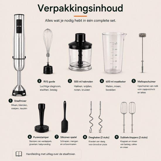 Organess Staafmixer 9-in-1 Set - 1200W - Vaatwasserbestendig - Incl. Titanium mes, Garde, Hakmolen, Maatbeker, Melkopschuimer, Aardappelstamper, Spatel, Deeghaken, Dubbele garde - 12 Snelheden + Turbofunctie - RVS van Merkloos — afbeelding 5
