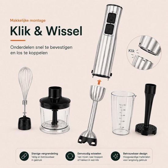 Organess Staafmixer 9-in-1 Set - 1200W - Vaatwasserbestendig - Incl. Titanium mes, Garde, Hakmolen, Maatbeker, Melkopschuimer, Aardappelstamper, Spatel, Deeghaken, Dubbele garde - 12 Snelheden + Turbofunctie - RVS van Merkloos — afbeelding 4