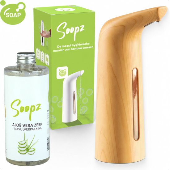 Soopz automatische zeepdispenser in eikenlook, met navulverpakking Aloë Vera zeep.