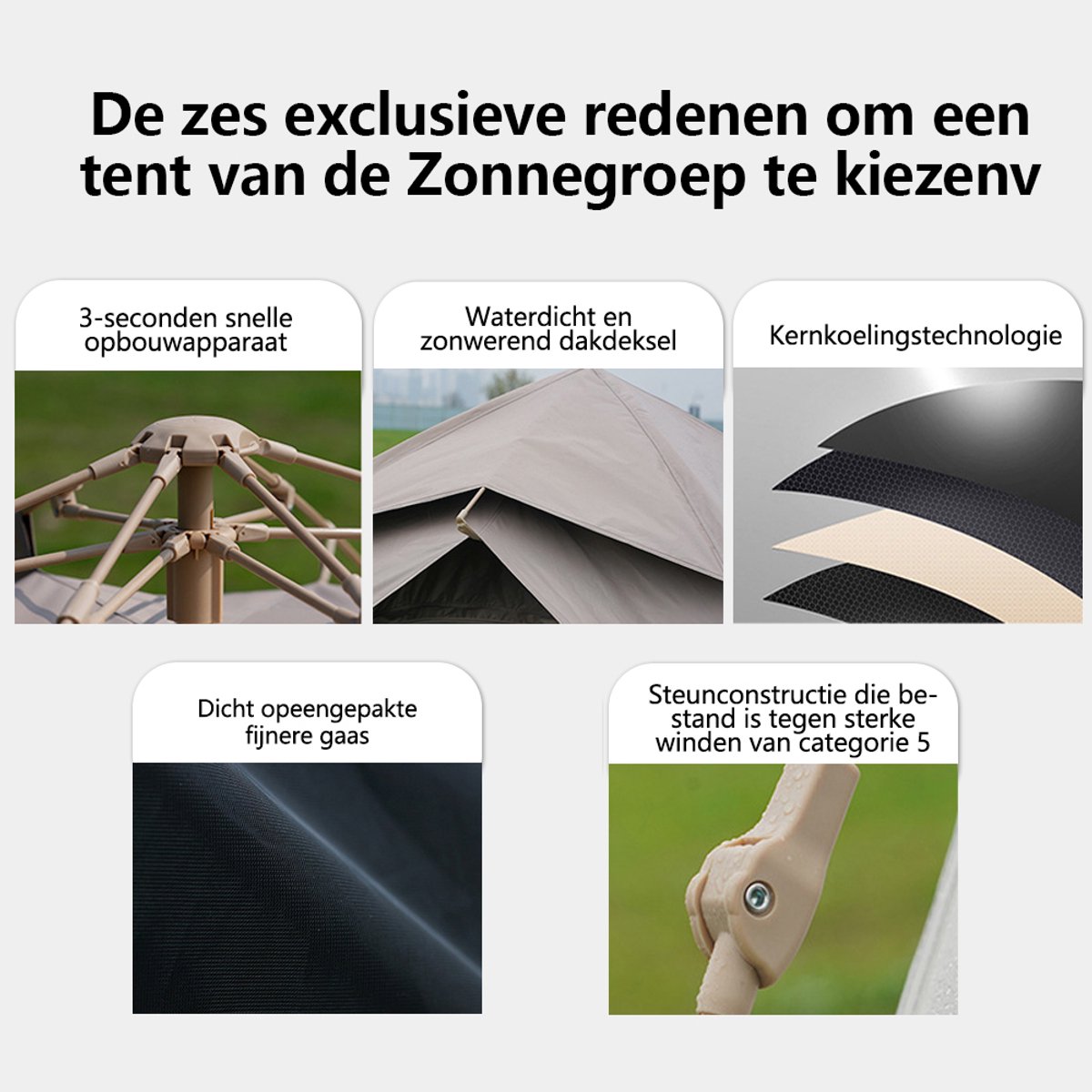 Automatische Pop-up Tent - Vierhoekige Kampeertent voor 1-2 Personen - Vaste Zonnekap - Inclusief Draagtas - Ideaal voor Gezinscamping en Festivals - Met Zwarte UV-Block Coating - Snelle 3-Seconden Opzet - Kaki – foto 3