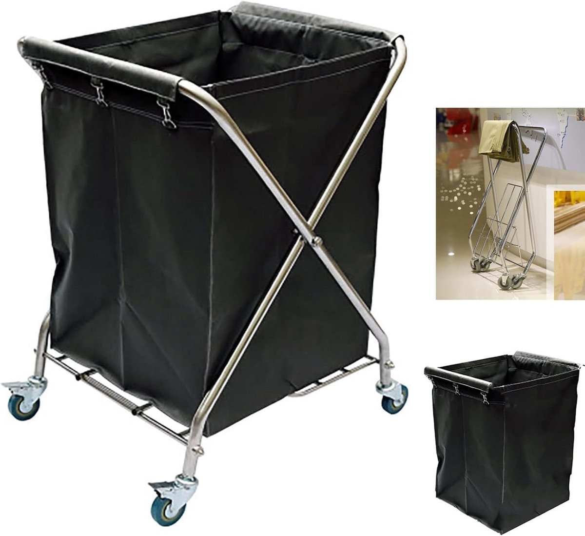 Grote opvouwbare wasmand - Inklapbare serveerwagen - Efficiënt sorteren was - Stevig stalen frame - Draagt 100 kg - Zwart
