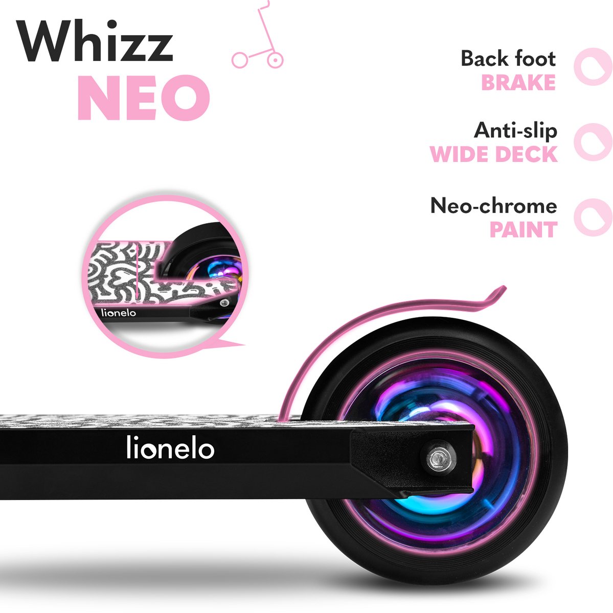Lionelo Whizz Neo Freestyle Step + Fietshelm voor kinderen – 110 mm PU High Rebound Wielen – ABEC-9 Lagers – HIC Compressiesysteem – Breed T-Bar Stuur – Antislip Aluminium Deck – Neochrome Afwerking – Stuntstep tot 100 kg – Lichtgewicht 3,6 kg — afbeelding 5
