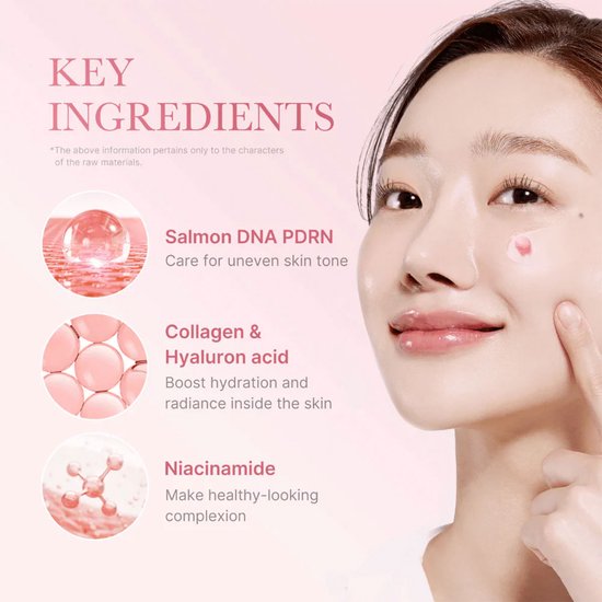 Medicube PDRN Pink Collagen Capsule Cream: gezicht van een vrouw met product op haar wang, omringd door illustraties van ingrediënten.
