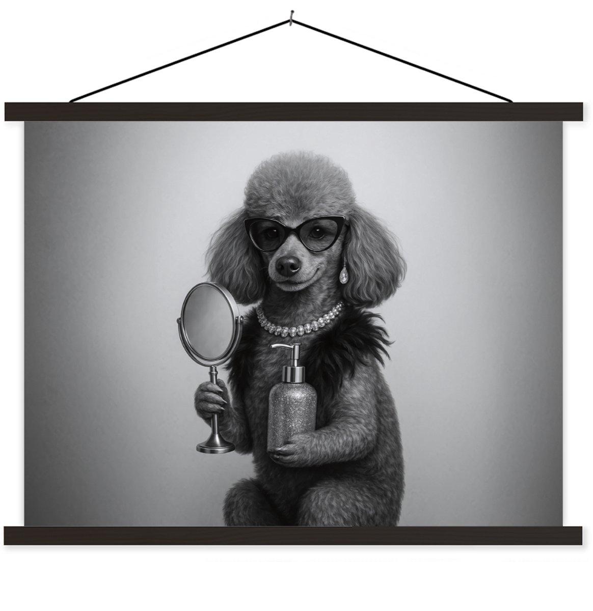Posterhanger incl. Poster 150x113 cm - Schoolplaat - Poedel - Spiegel - Zwart - Wit - Text