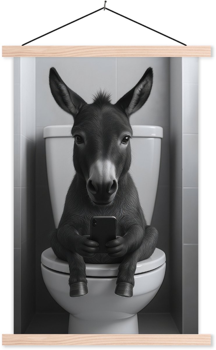 Posterhanger incl. Poster 40x60 cm - Schoolplaat - Ezel - Telefoon - Toilet - Zwart - Wit