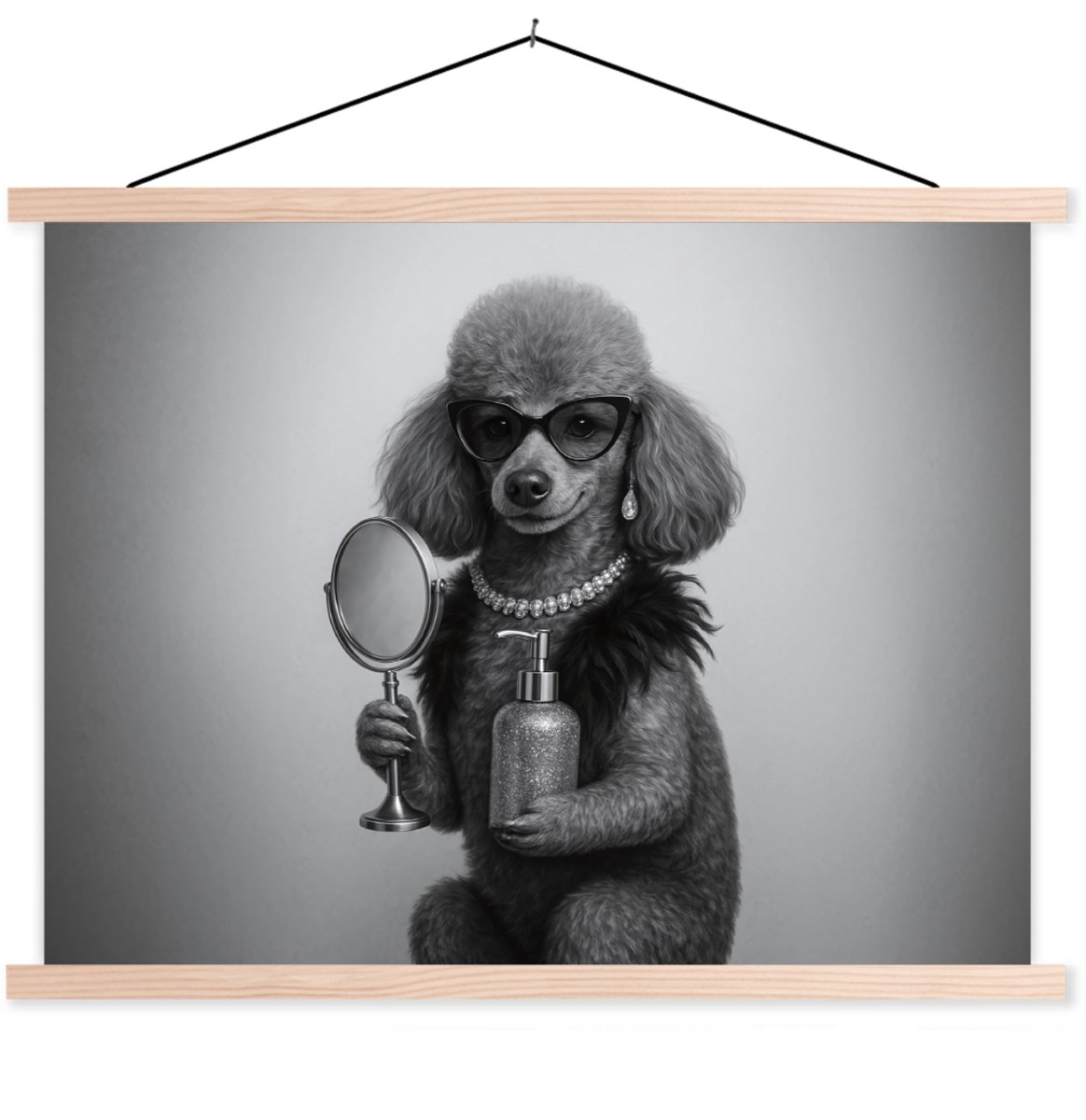 Posterhanger incl. Poster 150x113 cm - Schoolplaat - Poedel - Spiegel - Zwart - Wit - Text