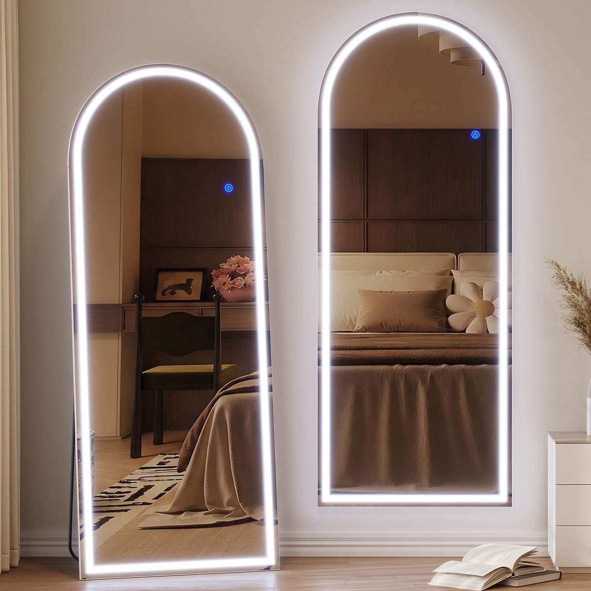 SnelShoppen - LED Boogspiegel 165 x 65 cm - Volledige Lengte Vloerspiegel met Verlichting - Staande Wandspiegel voor Slaapkamer - Wit - Luxe en Modern