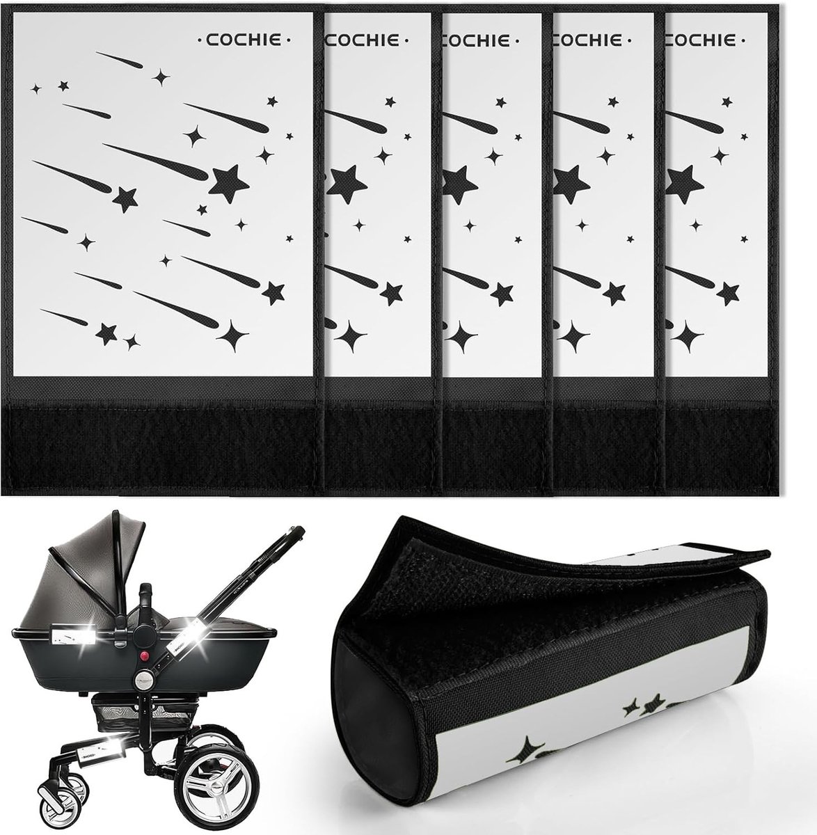 Set van 5 Universele Veiligheidsreflectoren voor Kinderwagens, Fietsen en Trailers - Zwart Meteor Motief