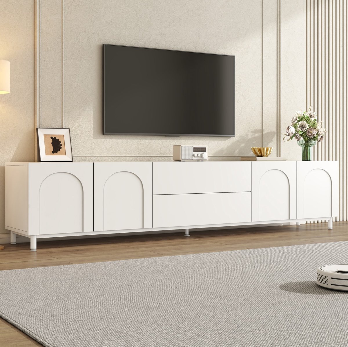COVREO TV-meubel 180x40x48 cm wit, MDF en spaanplaat met 4 deuren en 2 lades