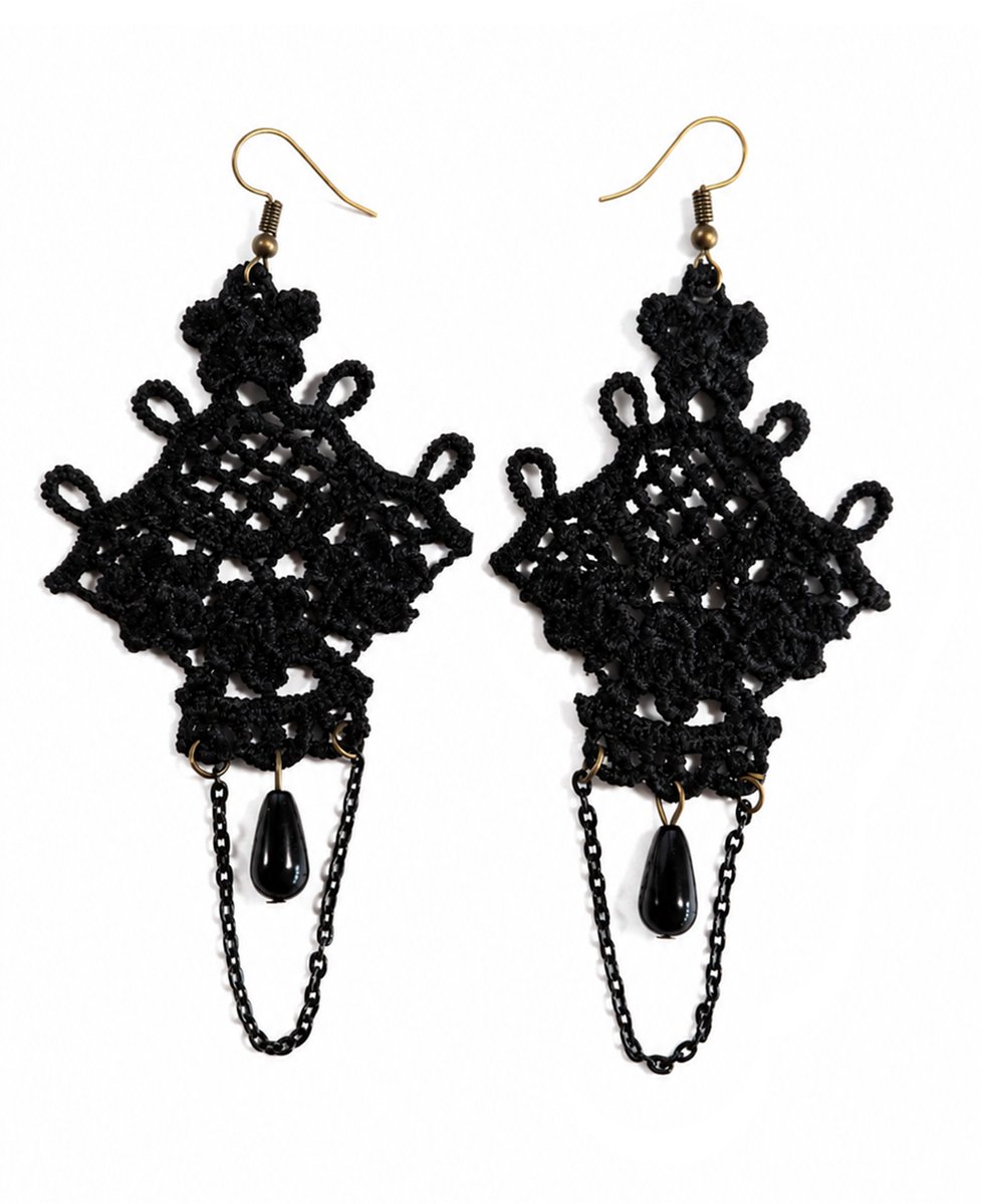 KIMU® Oorbel Kant Zwart - Great Gatsby Roaring Twenties Blinders Charleston Kanten Brocante Zwarte Jugendstil Art Deco Gebroken Ketting Victoriaans Steampunk Sexy Festival