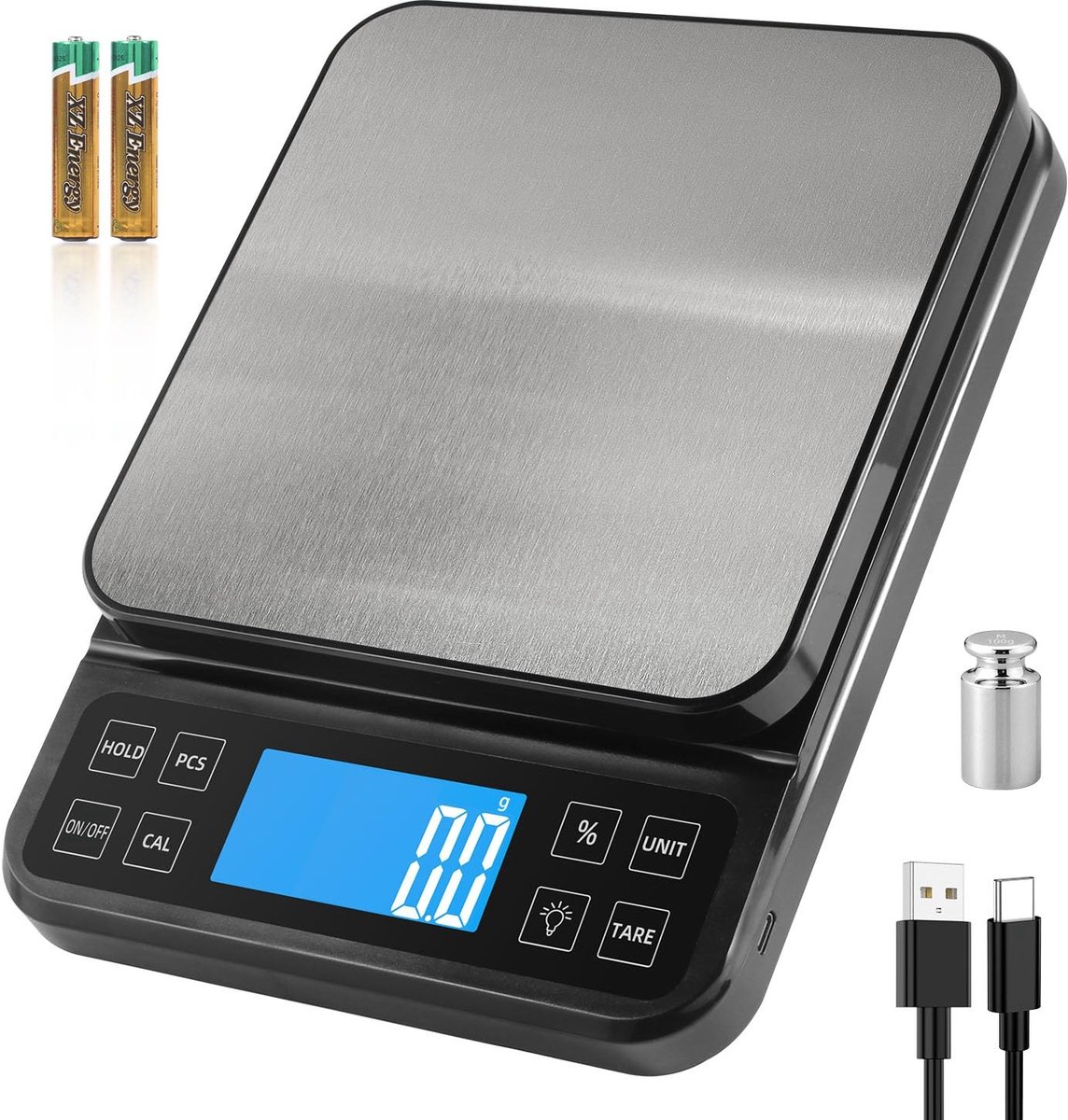 Digitale keukenweegschaal 0 g/5 kg, hoog-nauwkeurige bakweegschaal met % functie - Oplaadbaar via USB - RVS weegplateau voor nauwkeurig meten