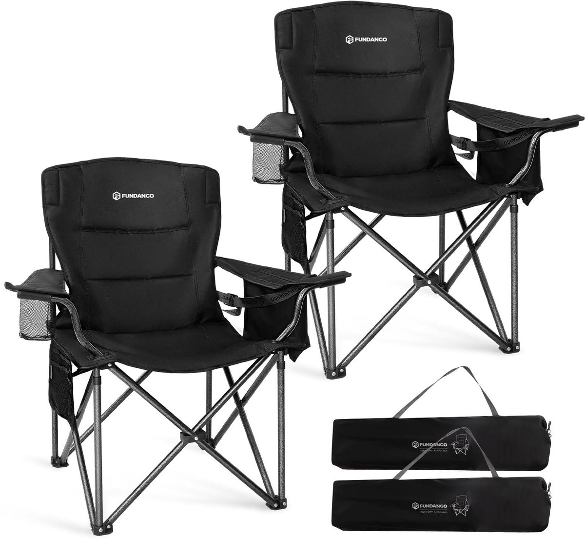 SnelShoppen - Opvouwbare FUNDANGO Campingstoel XXL, 205 kg, extra groot, verstelbare rugleuning, kussen, klapstoel met bekerhouder en koeltas, perfect