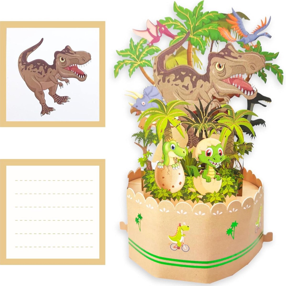 Pop-up wenskaart - Dinosaurus kaart - Verjaardag vieren - Uniek 3D design - Met envelop - Gekleurd