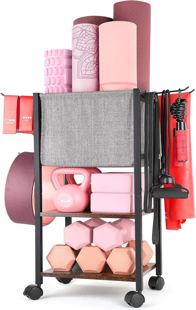 SnelShoppen - Yoga Mat Opbergrek, Multilaags Yoga Mat Houder, Fitness Apparatuur, Dumbbell Rek met Haakjes en Wielen, Thuis Gym Workout Opbergoplossin