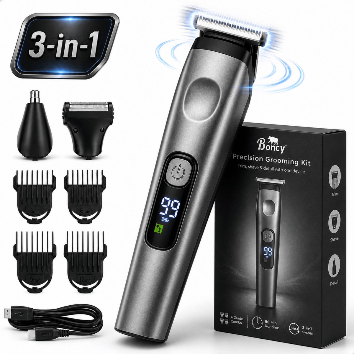 Boncy® Premium 3-in-1 Baardtrimmer - 6 Delige Set - Trimmer Mannen Voor Baard Haar & Lichaam - Baardtrimmers & Tondeuse - Neustrimmer Haartrimmer Beard - LED Display