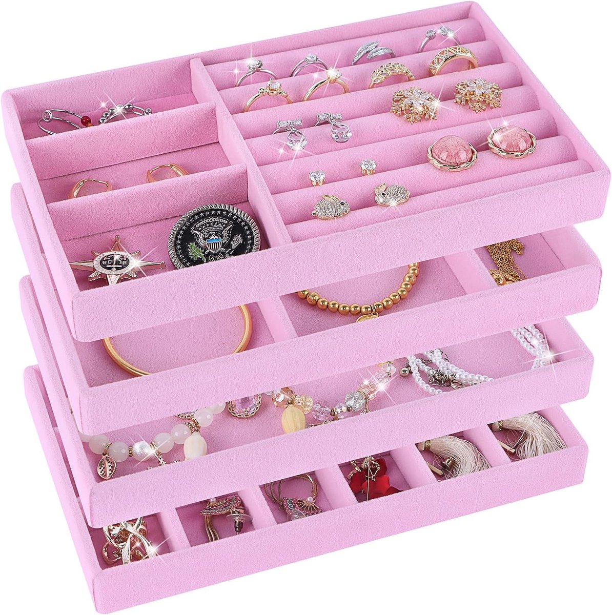 SnelShoppen - Sieradenopslag Lade - Sieradendienbladen Organiseren - Sieraden Organizer voor Oorbellen, Armbanden, Ringen - 4 Stuks Roze - Perfect voo