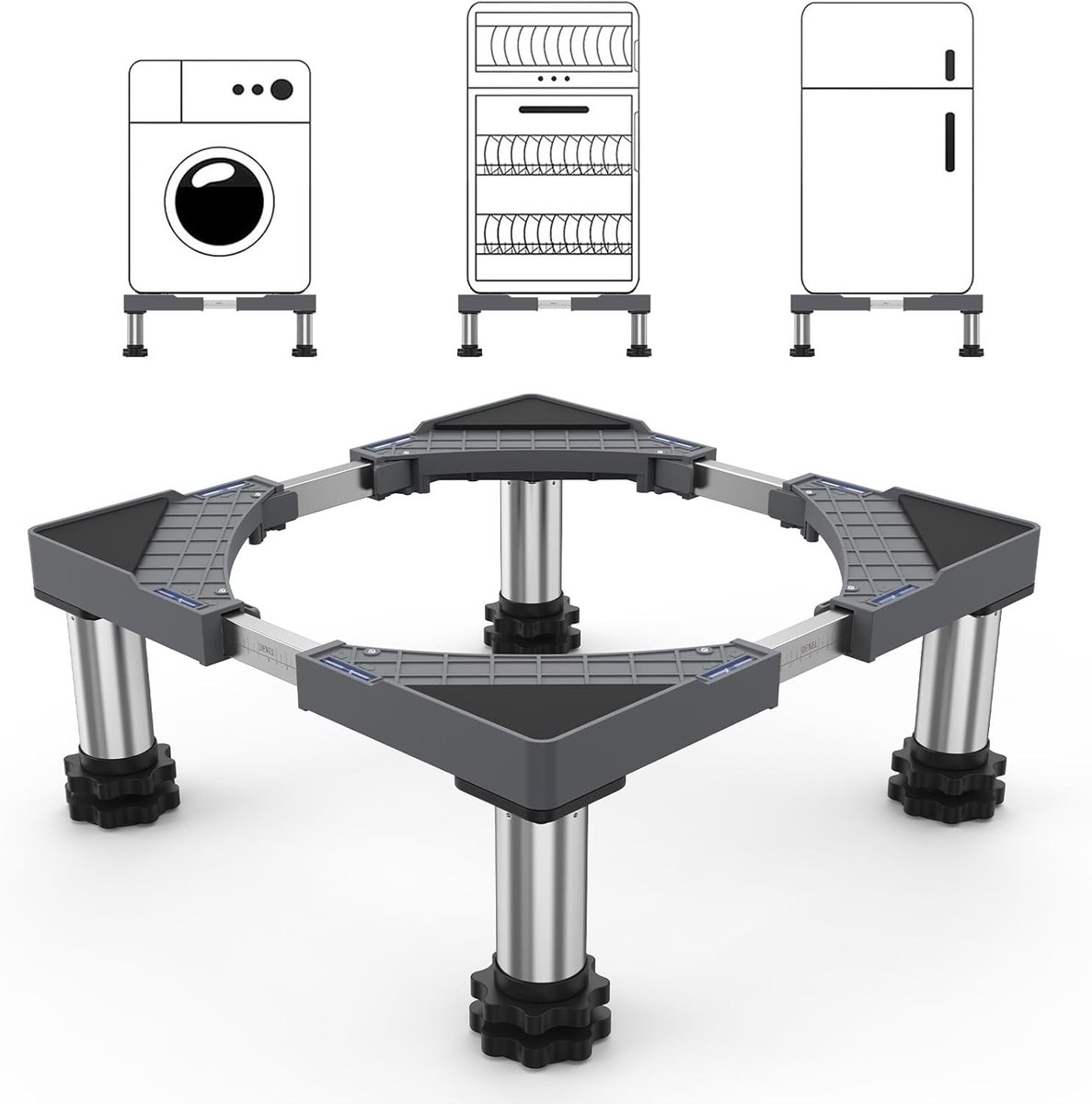 Verstelbare wasmachinebasis voor koelkasten, drogers en vaatwassers, 45-65 cm, 200 kg draagvermogen, grijs