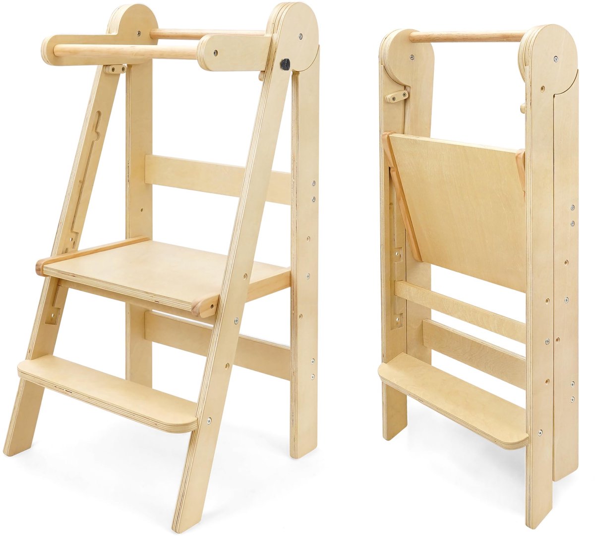 SnelShoppen - 509 Lofty Montessori Opvouwbare Leertoren - Keukenhulp voor Kinderen - Stapelbaar, Handig voor Opslag - 3 Hoogtes - Natuurlijk Kleur - V