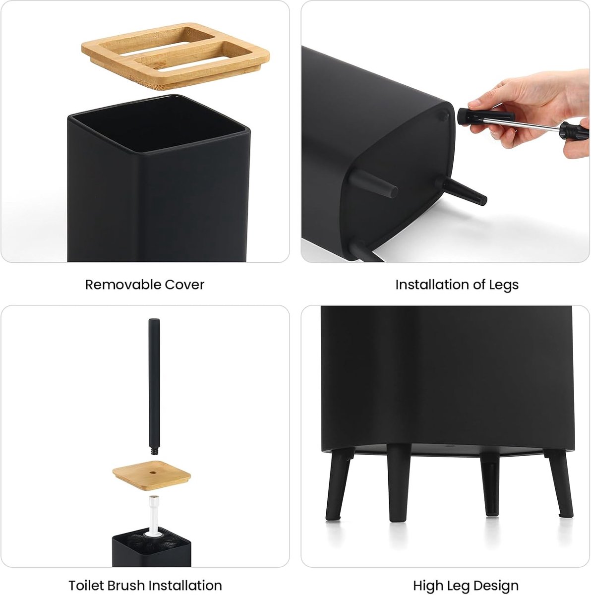 SnelShoppen - Badkamerset 5-delig, zwart met bamboe-accenten, badkameraccessoires, inclusief vuilnisemmer met poten, zeepdispenser, tandenborstelhoude