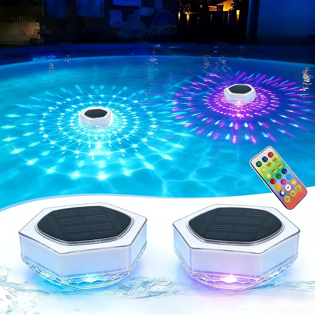 SnelShoppen - Dekofun Zwembadverlichting 2 Stuks, Onderwater LED Lampen met Zonne-energie, IP68 Waterdicht, RGB Kleuren, Afstandsbediening, Timer en 3