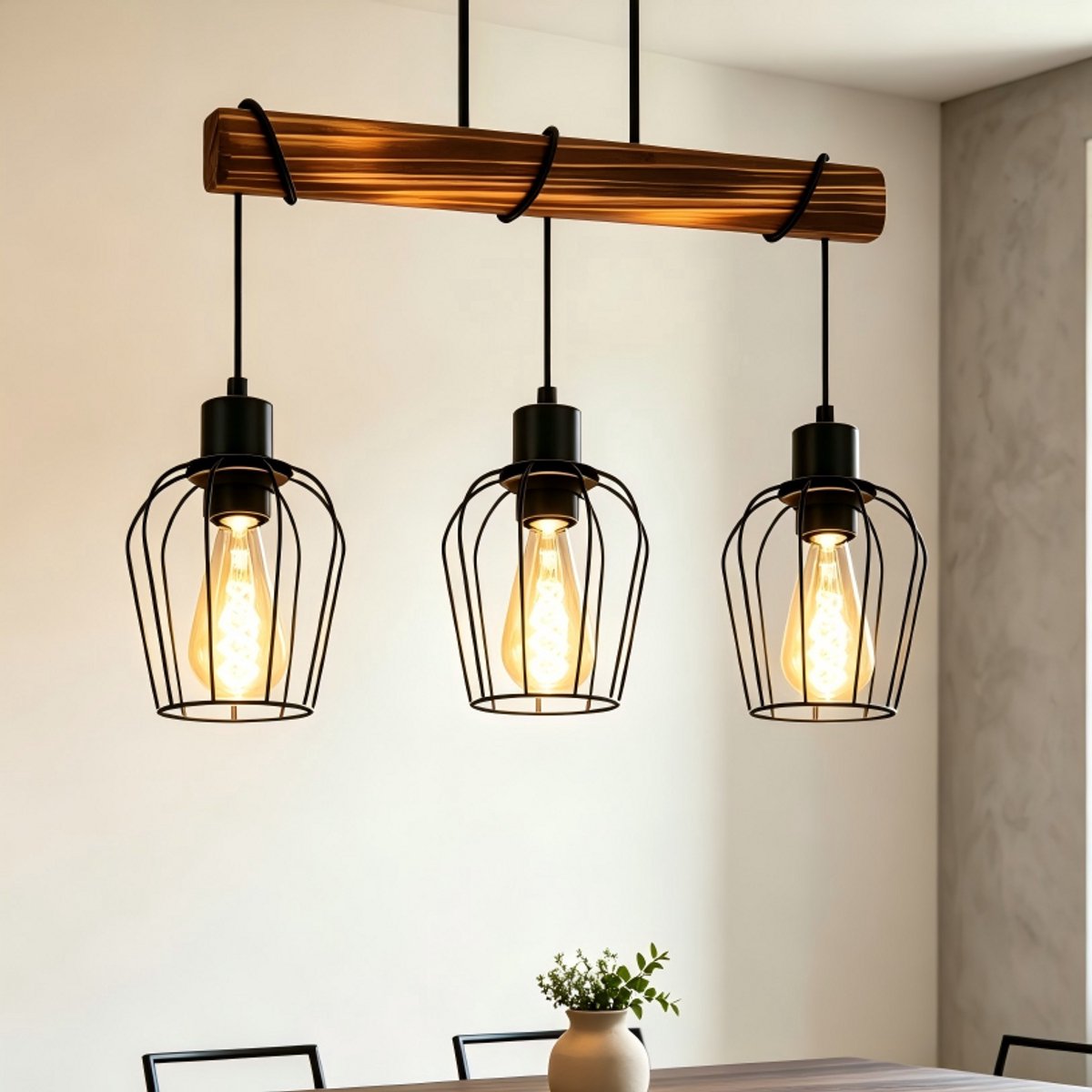 NETTLIFE Plafondlamp 3 vlammen E27 - zwart - retro - hout en Metaal - hoogte verstelbare voor Woonkamer Keuken Slaapkamer - zonder gloeilamp