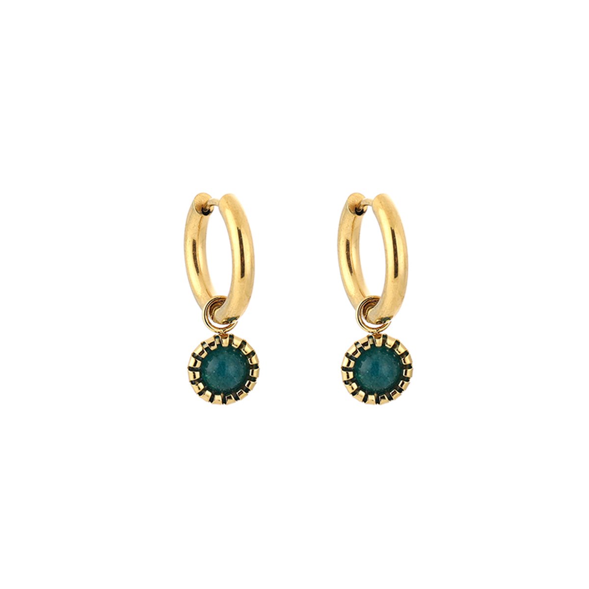 Stainless Steel Bezel Set Gemstone Charm Hoops – Luxe Natuursteen Bedel Oorringen – RVS - Blauw