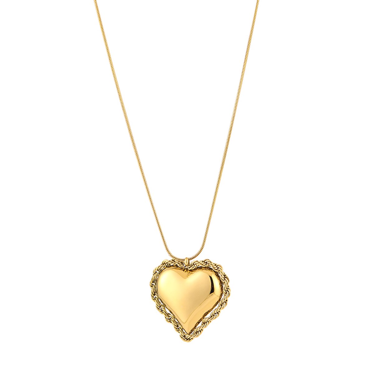 Dames Ketting met Bewerkt Hart - Lange Schakelketting - Gedraaide Rand - Stainless Steel / RVS - 70 cm (+5 cm) - Goud